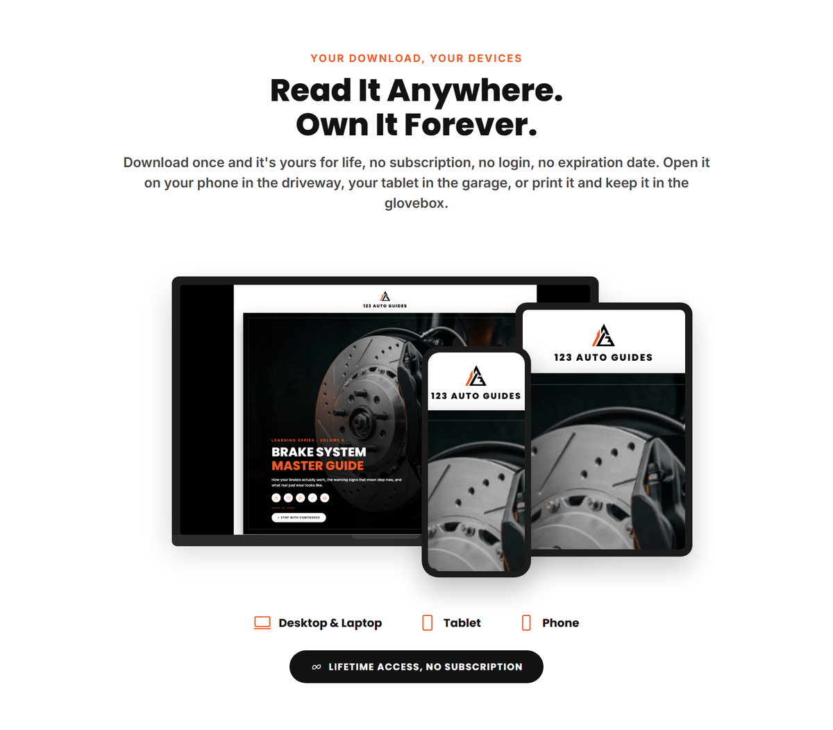 Brake System Master Guide shown on phone, tablet, and laptop