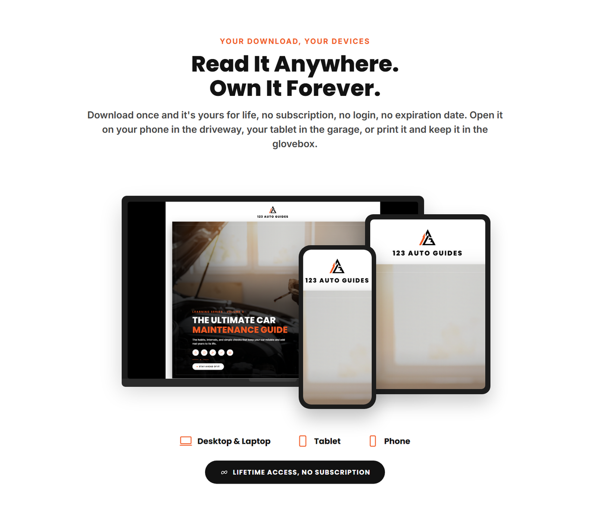 The Ultimate Car Maintenance Guide shown on phone, tablet, and laptop