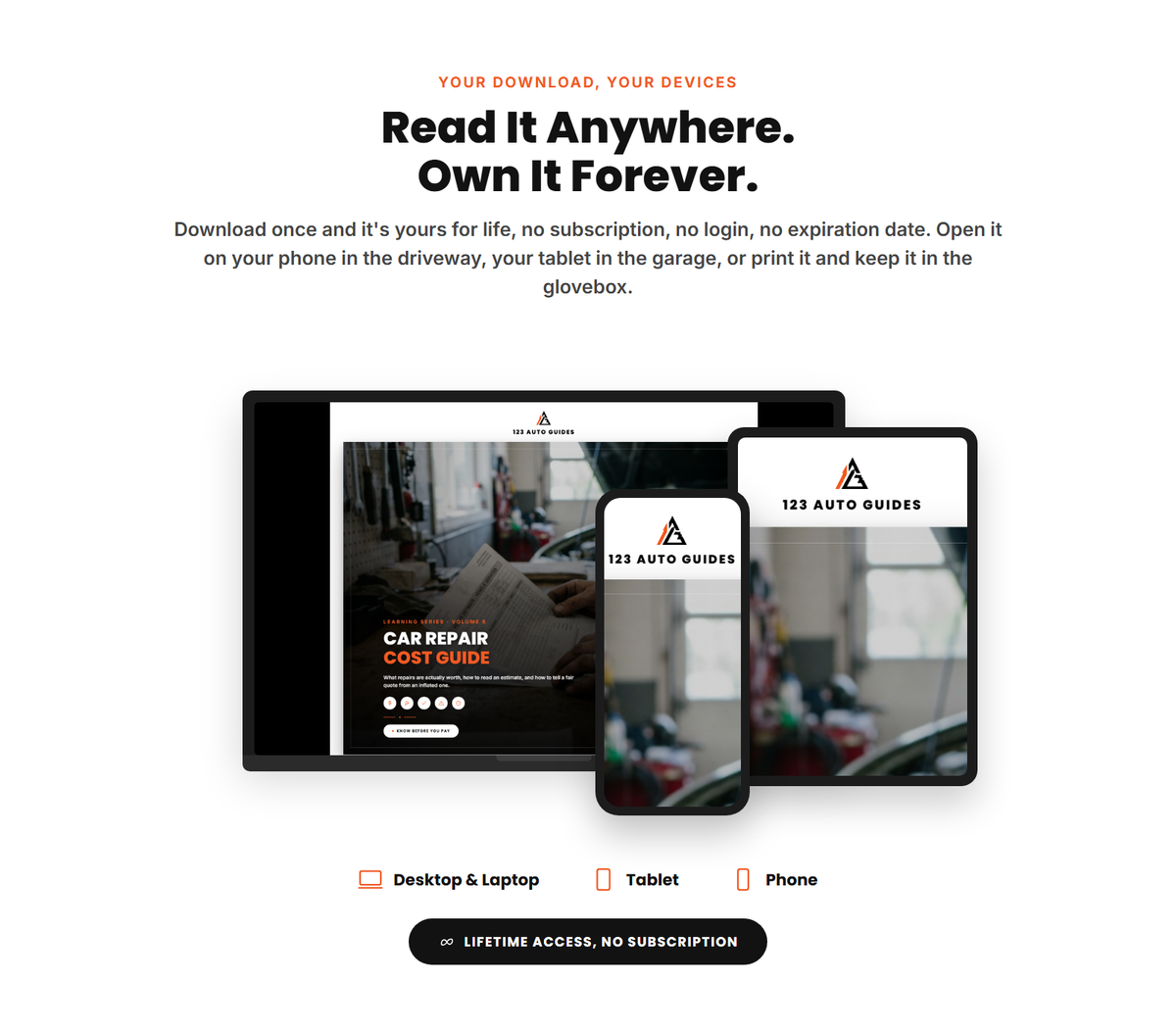 Car Repair Cost Guide shown on phone, tablet, and laptop